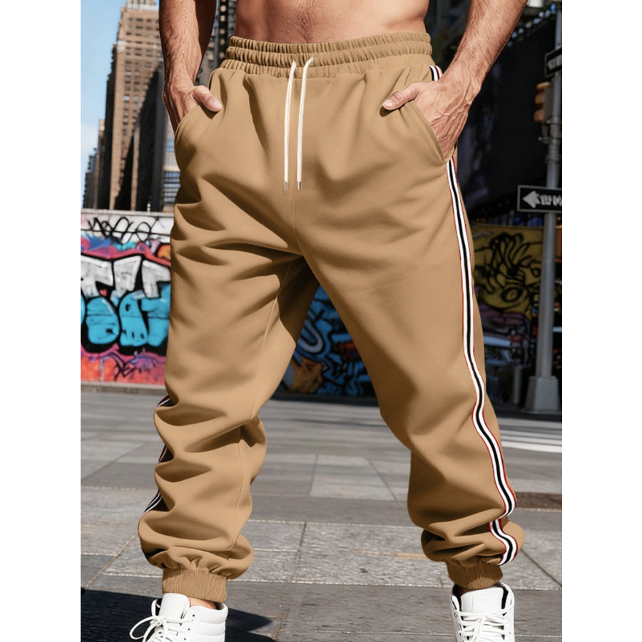Men’s Full Size Side-Striped Drawstring Joggers Plus Camel / S Apparel and Accessories
