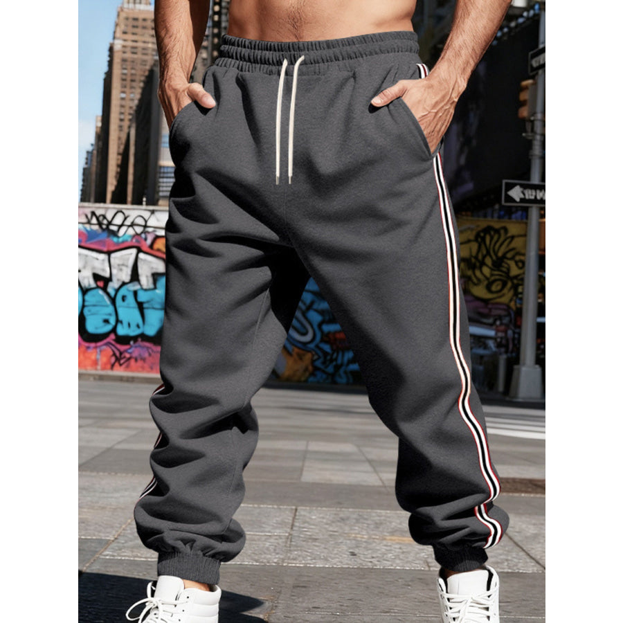 Men’s Full Size Side-Striped Drawstring Joggers Plus Dark Gray / S Apparel and Accessories