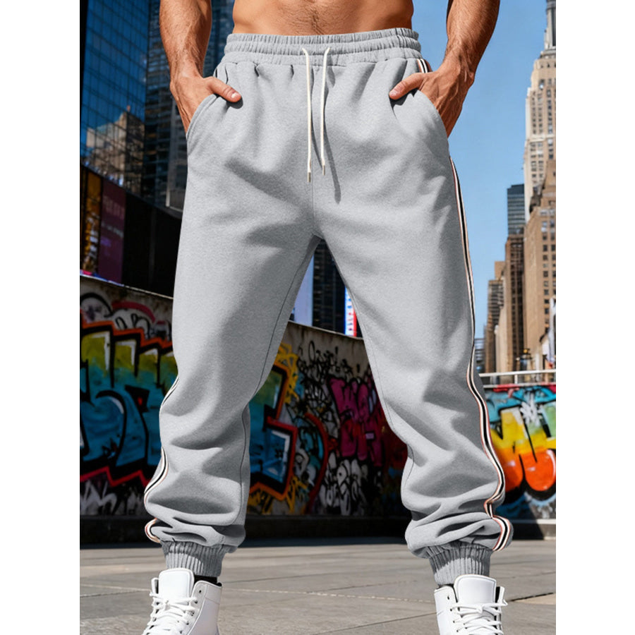 Men’s Full Size Side-Striped Drawstring Joggers Plus Light Gray / S Apparel and Accessories