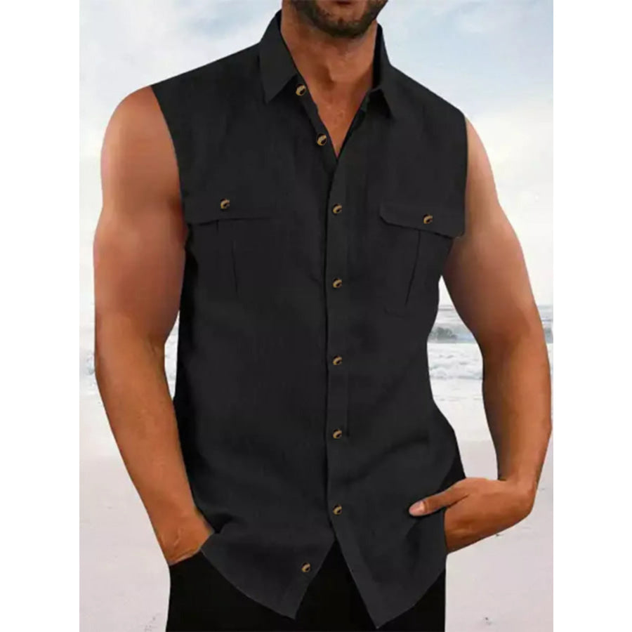 Men’s Full Size Sleeveless Button-Up Shirt with Chest Pockets Plus Size Purple / S Apparel and Accessories