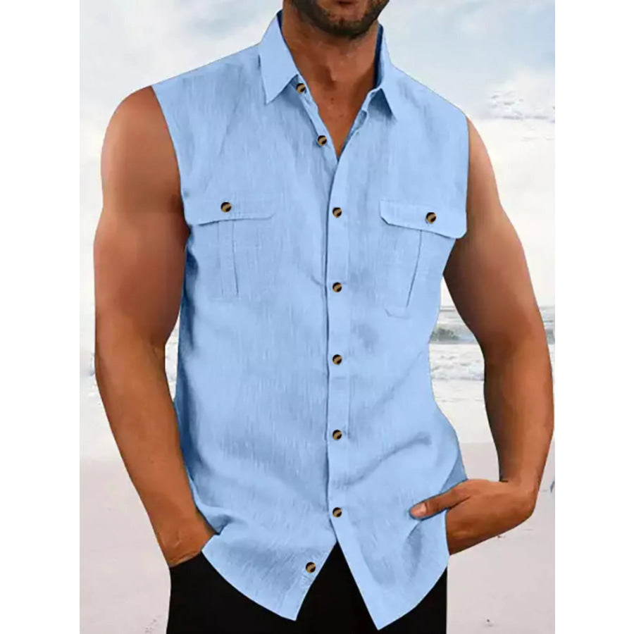 Men’s Full Size Sleeveless Button-Up Shirt with Chest Pockets Plus Size Blue / S Apparel and Accessories