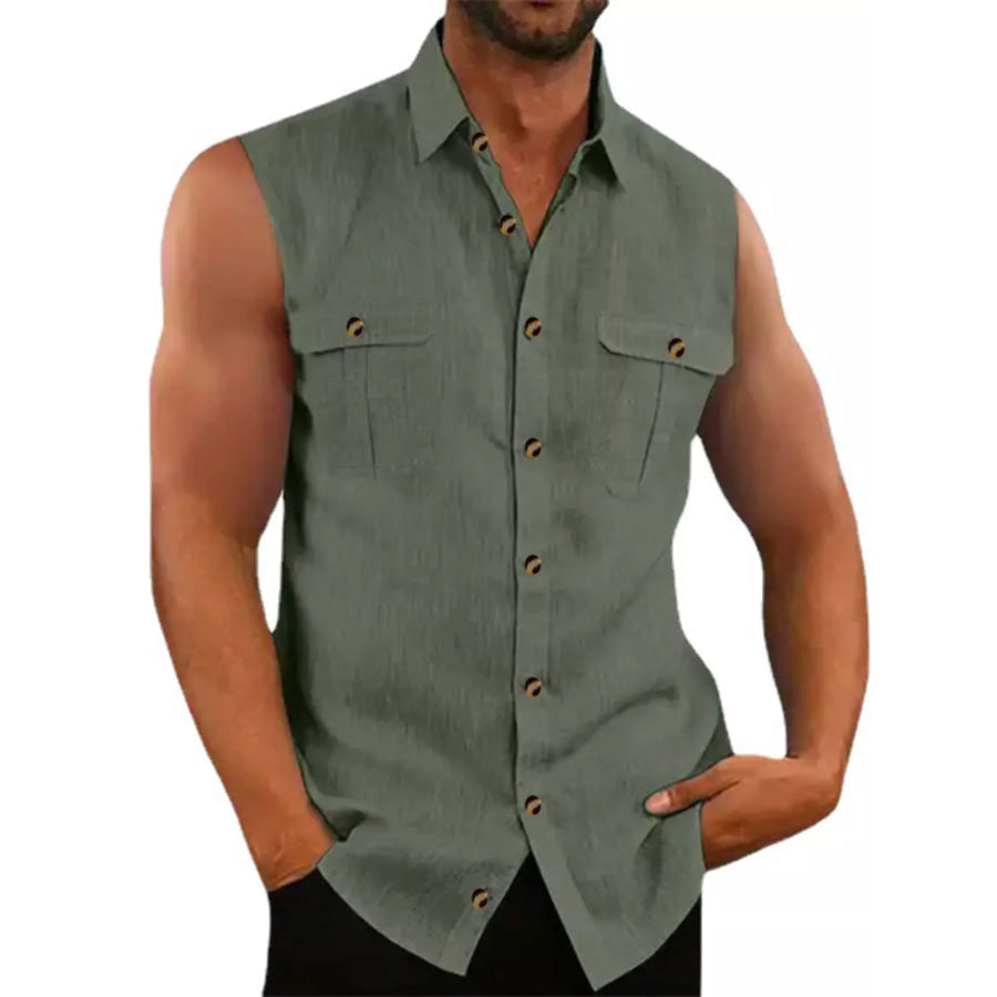 Men’s Full Size Sleeveless Button-Up Shirt with Chest Pockets Plus Size Green / S Apparel and Accessories