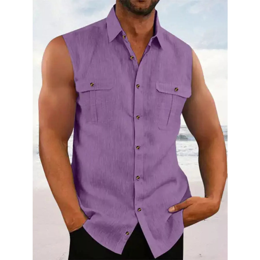 Men’s Full Size Sleeveless Button-Up Shirt with Chest Pockets Plus Size Purple / S Apparel and Accessories
