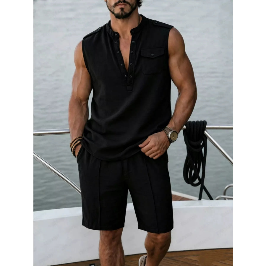Men’s Full Size Sleeveless Top and Shorts Two-Piece Set Plus Size Black / S Apparel and Accessories