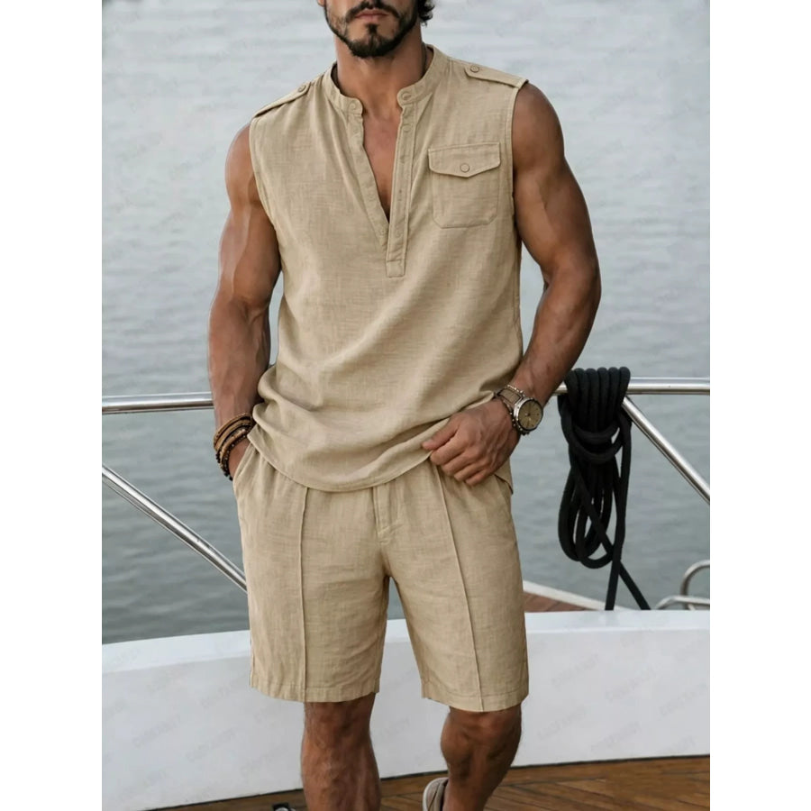 Men’s Full Size Sleeveless Top and Shorts Two-Piece Set Plus Size Khaki / S Apparel and Accessories