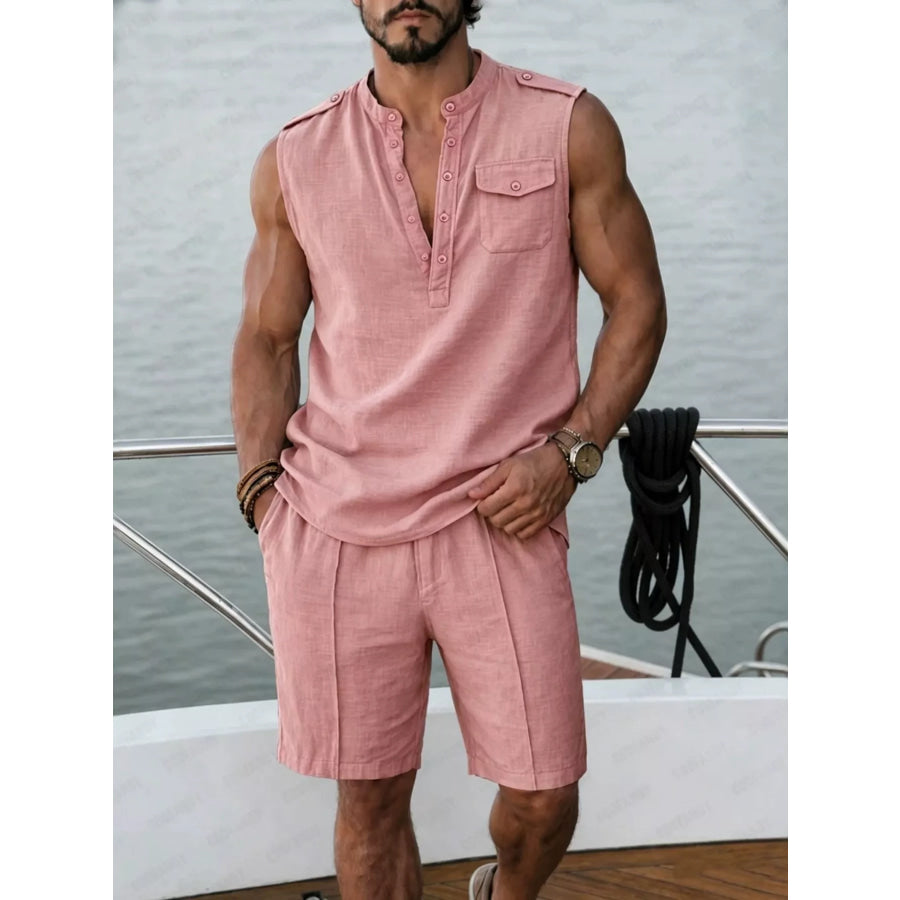 Men’s Full Size Sleeveless Top and Shorts Two-Piece Set Plus Size Pink / S Apparel and Accessories