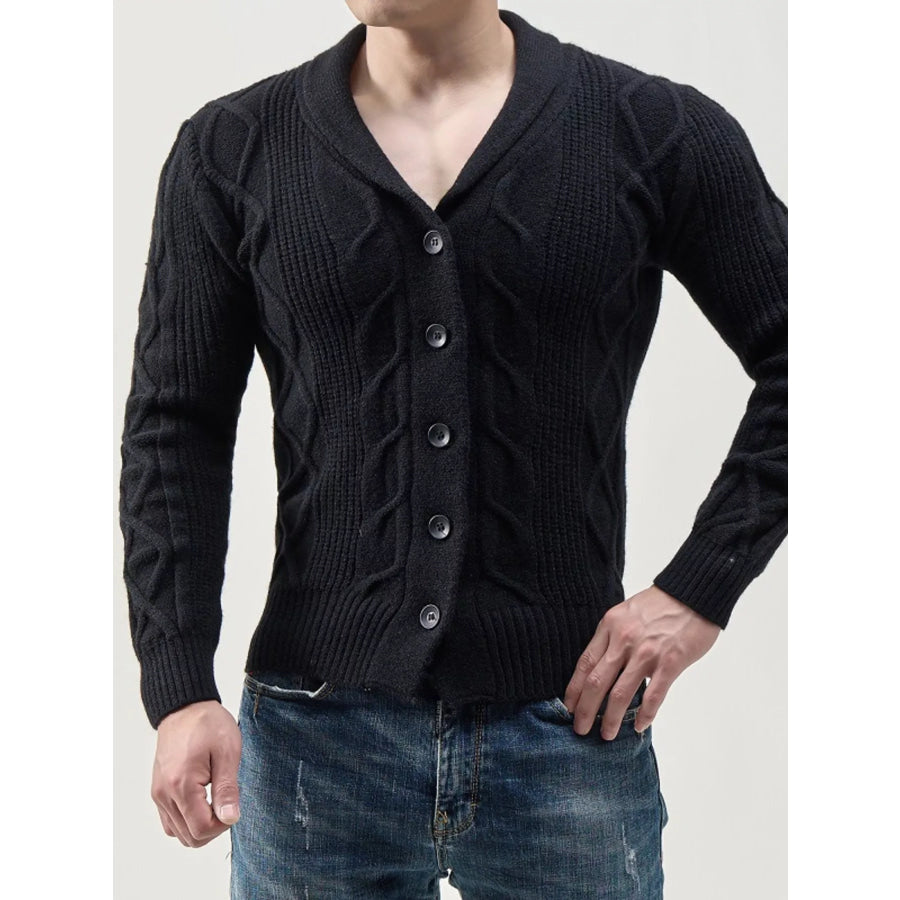 Men’s Full Size Slim-Fit Cable Knit Shawl Collar Cardigan Plus Black / S Apparel and Accessories
