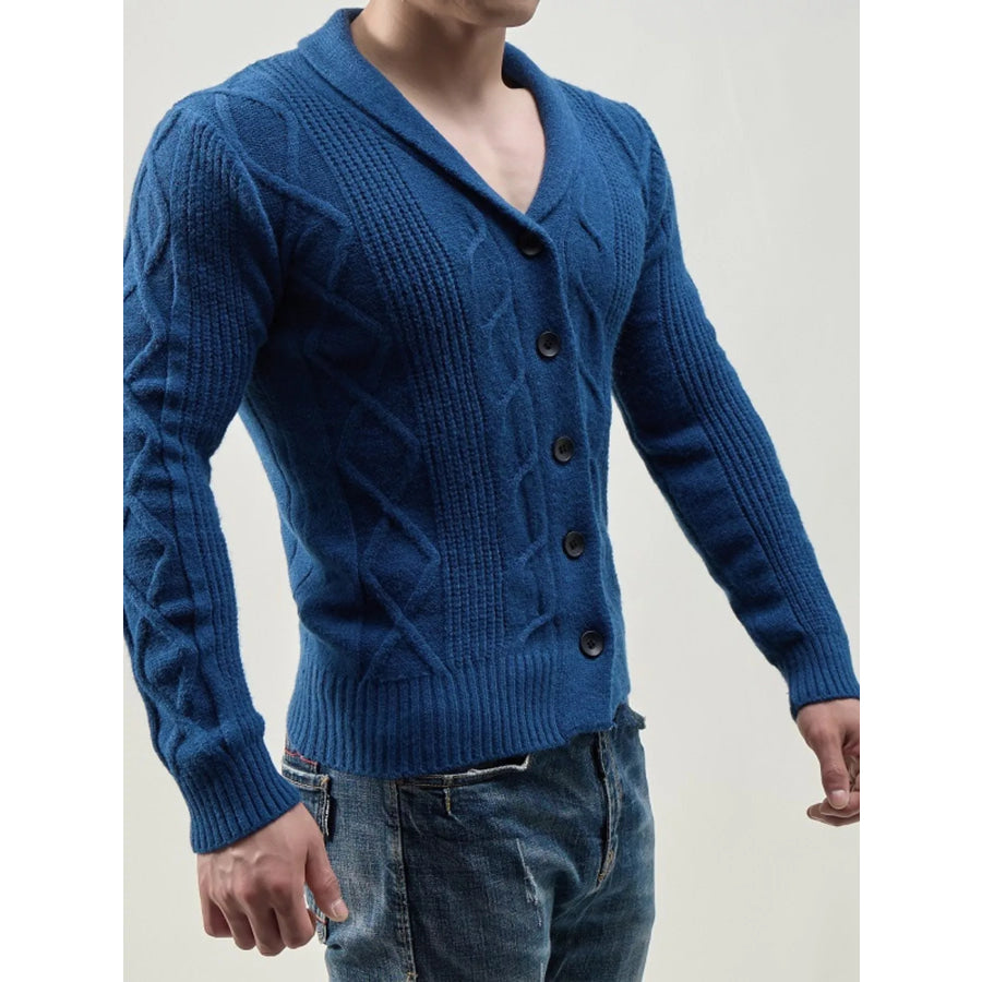 Men’s Full Size Slim-Fit Cable Knit Shawl Collar Cardigan Plus Blue / S Apparel and Accessories