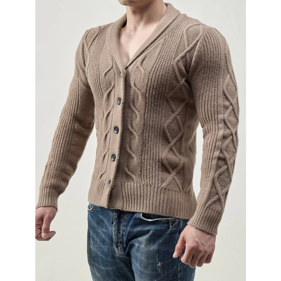 Men’s Full Size Slim-Fit Cable Knit Shawl Collar Cardigan Plus Khaki / S Apparel and Accessories