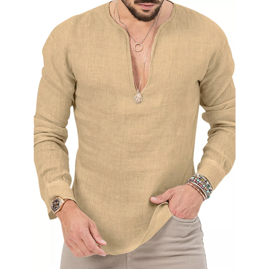 Men’s Full Size Slim Fit Long Sleeve Blouse Plus Size Tan / S Apparel and Accessories