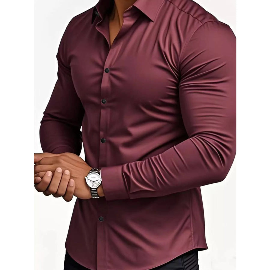 Men’s Full Size Slim Fit Long-Sleeve Button-Down Shirt Plus Burgundy / S Apparel and Accessories