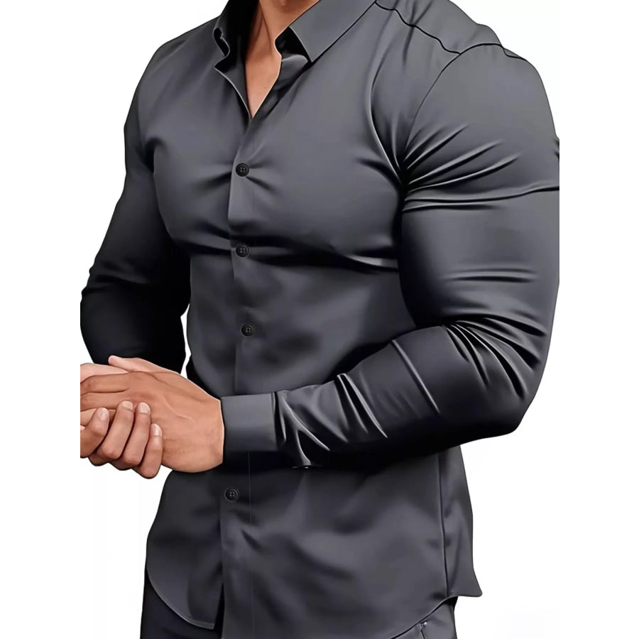 Men’s Full Size Slim Fit Long-Sleeve Button-Down Shirt Plus Dark Gray / S Apparel and Accessories