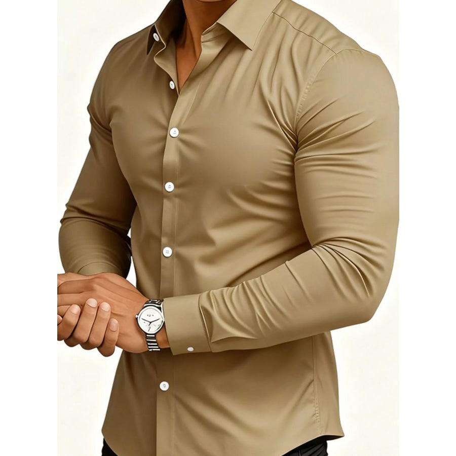 Men’s Full Size Slim Fit Long-Sleeve Button-Down Shirt Plus Khaki / S Apparel and Accessories