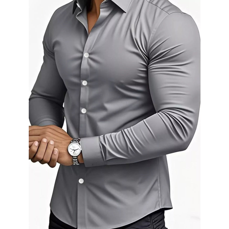 Men’s Full Size Slim Fit Long-Sleeve Button-Down Shirt Plus Light Gray / S Apparel and Accessories