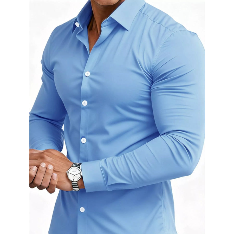 Men’s Full Size Slim Fit Long-Sleeve Button-Down Shirt Plus Sky Blue / S Apparel and Accessories