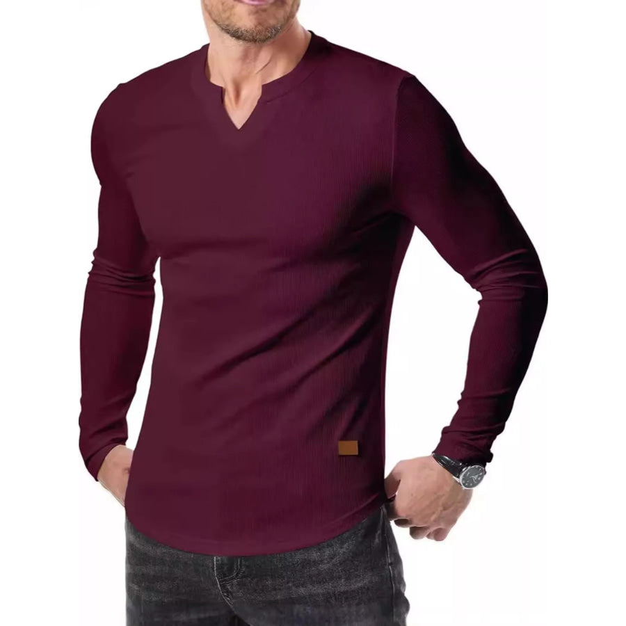 Men’s Full Size Slim Fit Long Sleeve Henley T-Shirt Plus Burgundy / S Apparel and Accessories