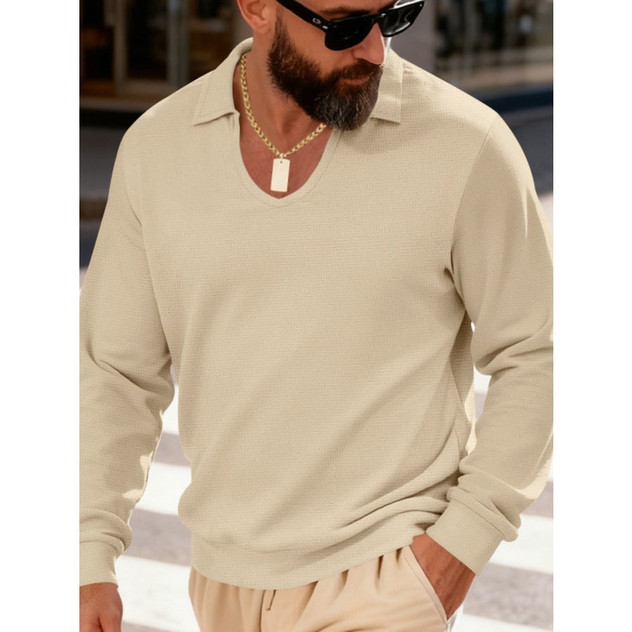 Men’s Full Size Slim Fit Long Sleeve Polo Plus Size Apricot / S Apparel and Accessories