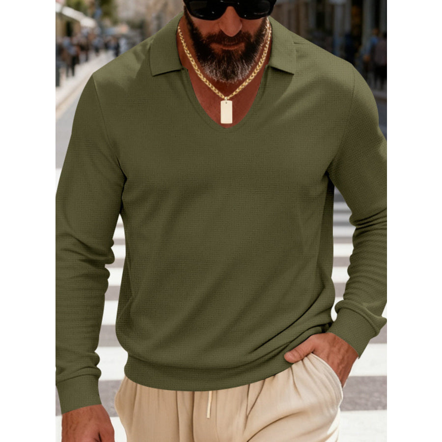 Men’s Full Size Slim Fit Long Sleeve Polo Plus Size Army Green / S Apparel and Accessories