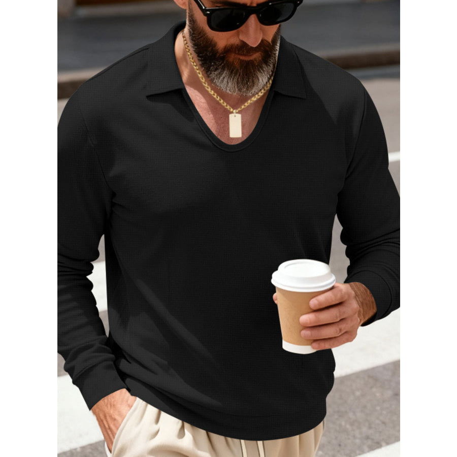 Men’s Full Size Slim Fit Long Sleeve Polo Plus Size Black / S Apparel and Accessories