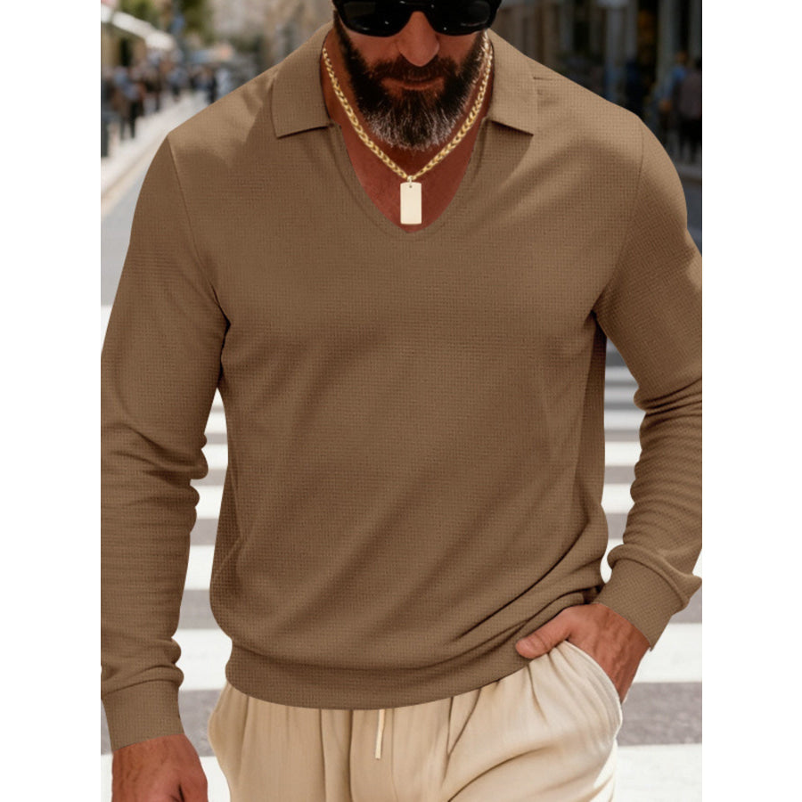 Men’s Full Size Slim Fit Long Sleeve Polo Plus Size Brown / S Apparel and Accessories