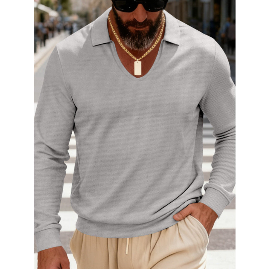 Men’s Full Size Slim Fit Long Sleeve Polo Plus Size Gray / S Apparel and Accessories