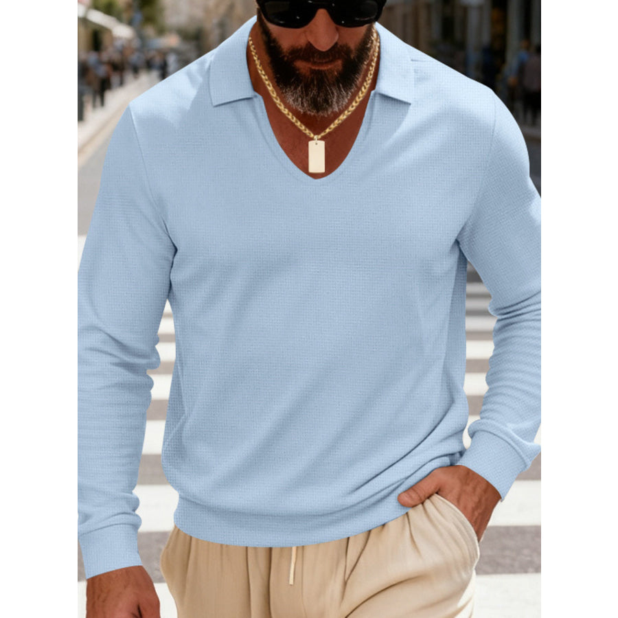 Men’s Full Size Slim Fit Long Sleeve Polo Plus Size Light Blue / S Apparel and Accessories