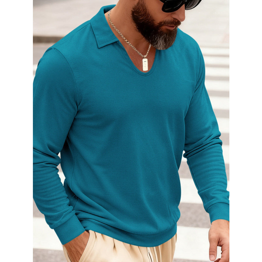 Men’s Full Size Slim Fit Long Sleeve Polo Plus Size Peacock Blue / S Apparel and Accessories