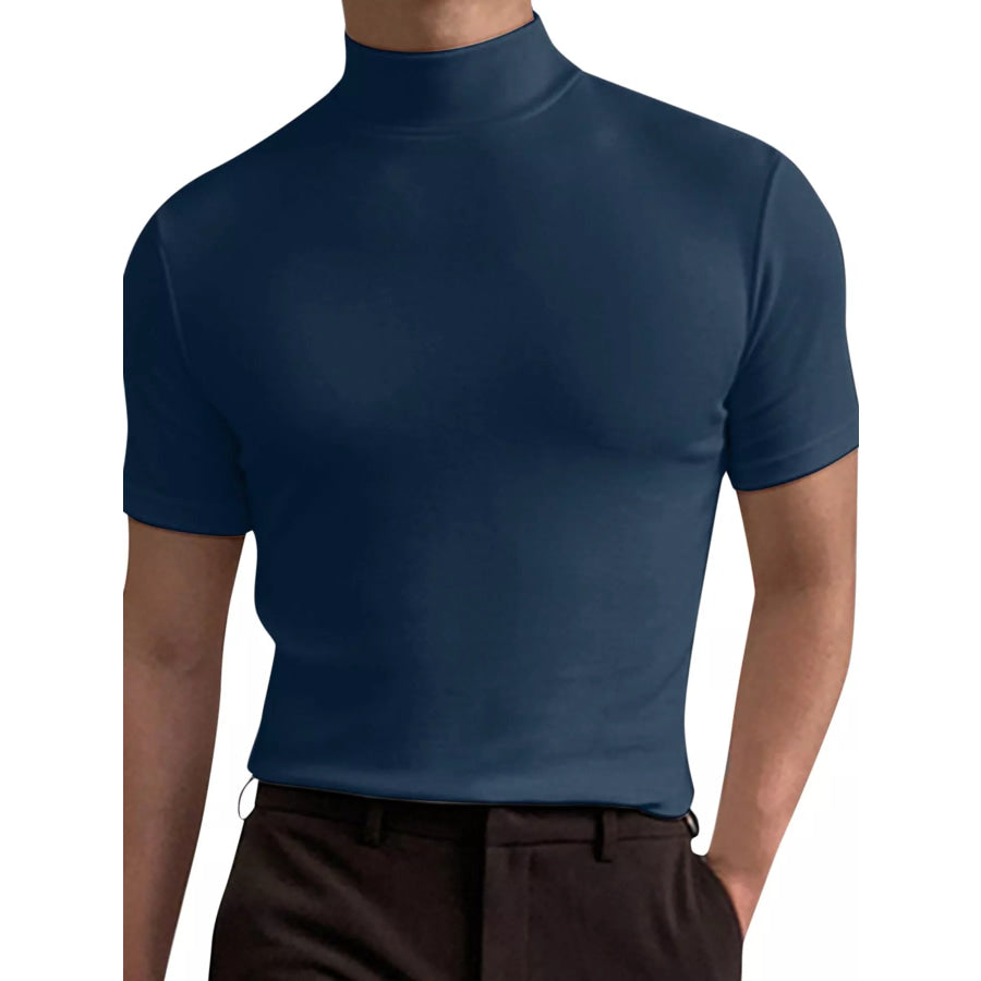 Men’s Full Size Slim Fit Mock Neck Short Sleeve T-Shirt Plus Blue-Short / S Apparel and Accessories