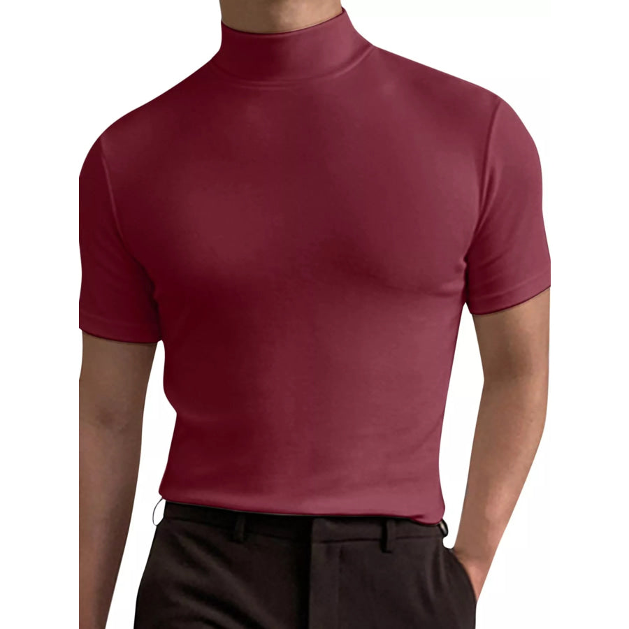 Men’s Full Size Slim Fit Mock Neck Short Sleeve T-Shirt Plus Burgundy-Short / S Apparel and Accessories