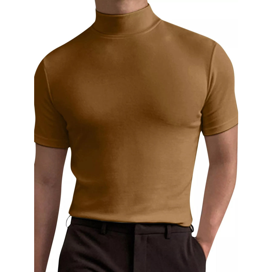 Men’s Full Size Slim Fit Mock Neck Short Sleeve T-Shirt Plus Khaki-Short / S Apparel and Accessories