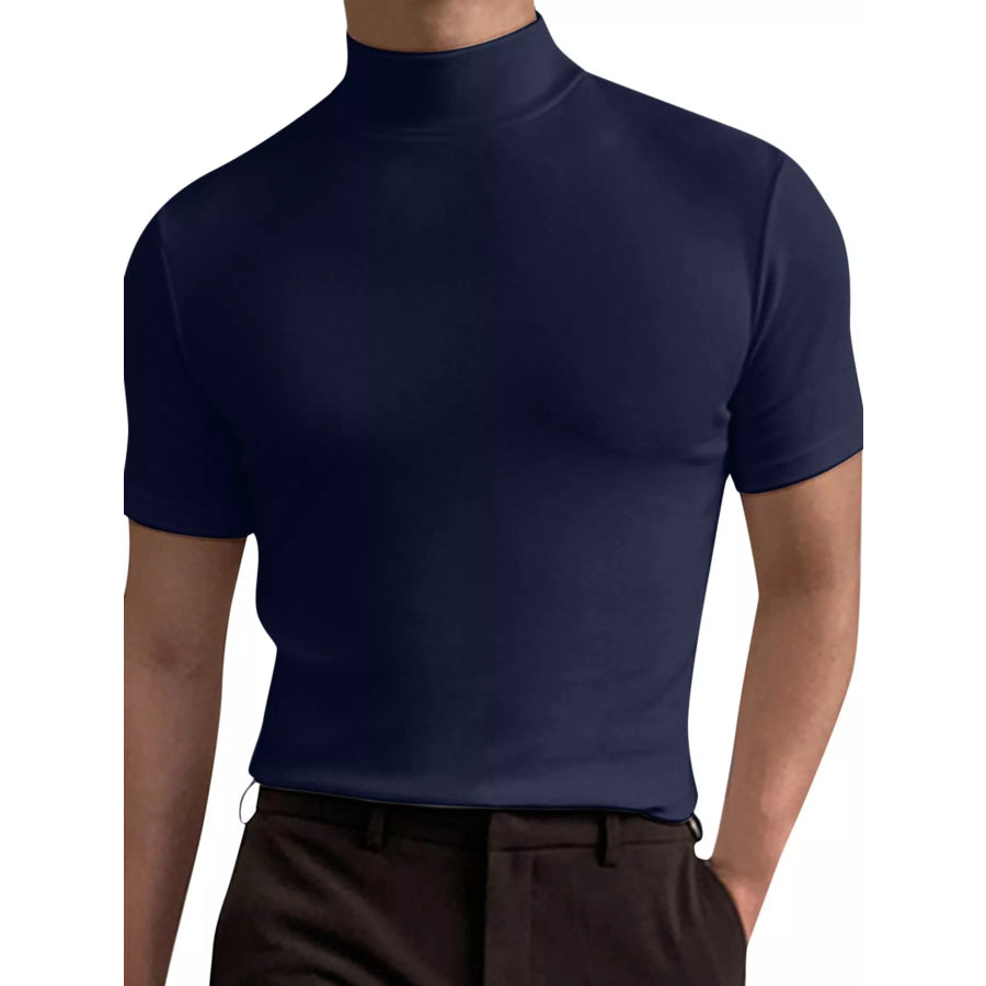 Men’s Full Size Slim Fit Mock Neck Short Sleeve T-Shirt Plus Navy-Short / S Apparel and Accessories