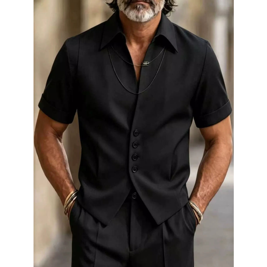 Men’s Full Size Slim-Fit Short Sleeve Button-Down Shirt Plus Size Black / S Apparel and Accessories