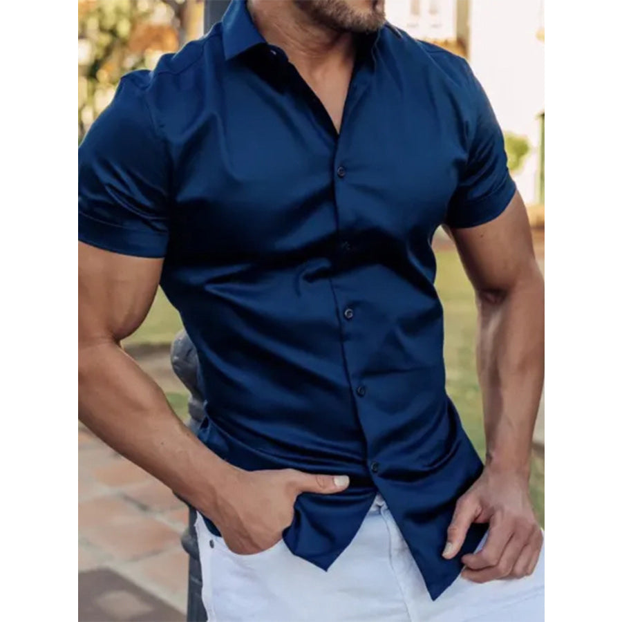 Men’s Full Size Slim Fit Short Sleeve Button-Down Shirt Plus Size Dark Blue / S Apparel and Accessories