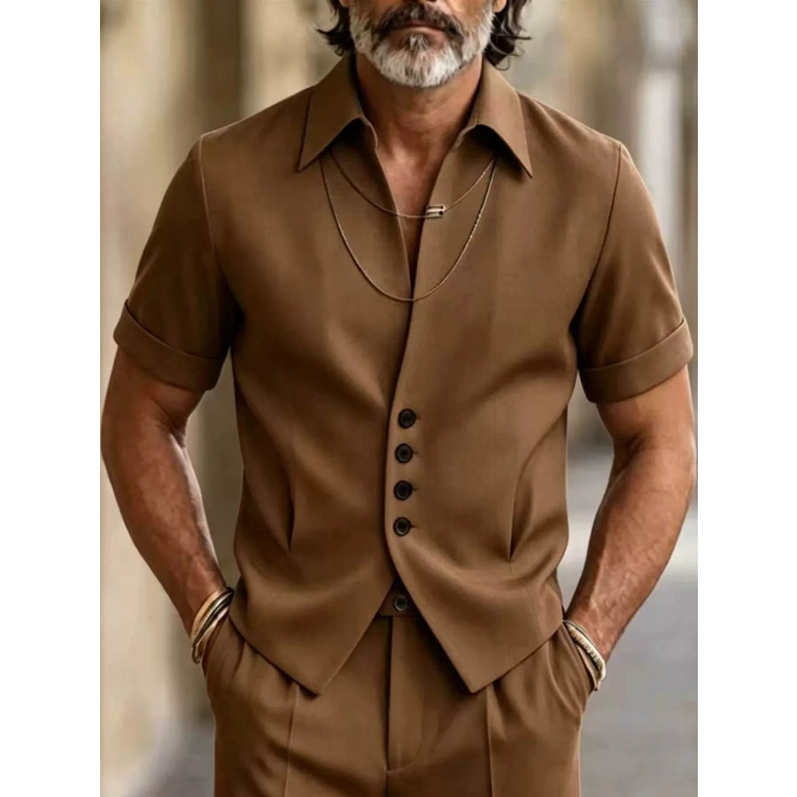 Men’s Full Size Slim-Fit Short Sleeve Button-Down Shirt Plus Size Dark Brown / S Apparel and Accessories