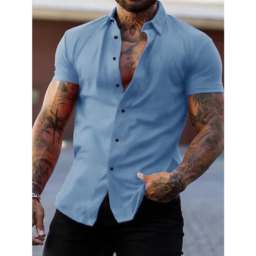 Men’s Full Size Slim Fit Short Sleeve Button-Down Shirt Plus Size Light Blue / S Apparel and Accessories