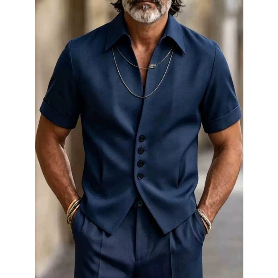Men’s Full Size Slim-Fit Short Sleeve Button-Down Shirt Plus Size Navy / S Apparel and Accessories