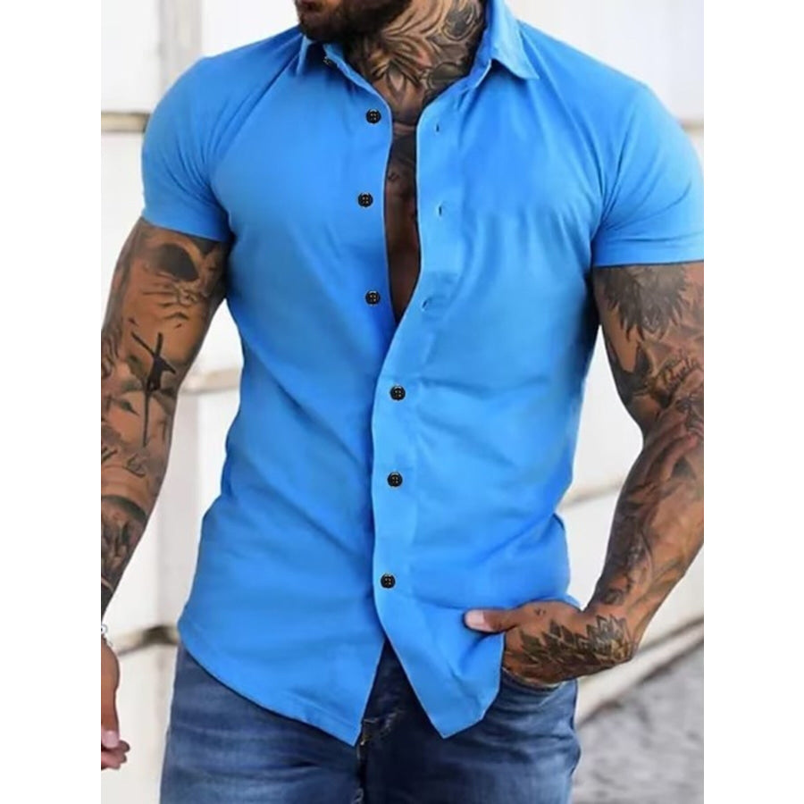 Men’s Full Size Slim Fit Short Sleeve Button-Down Shirt Plus Size Sky Blue / S Apparel and Accessories