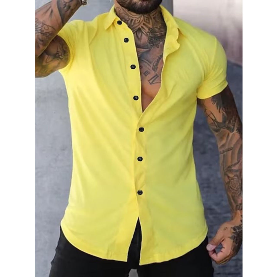 Men’s Full Size Slim Fit Short Sleeve Button-Down Shirt Plus Size Yellow / S Apparel and Accessories