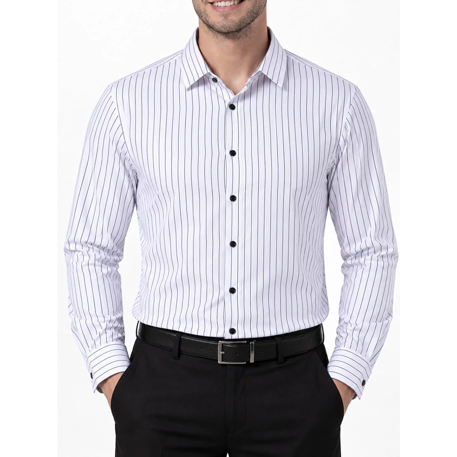 Men’s Full Size Slim Fit Striped Long Sleeve Dress Shirt Plus White / XS Apparel and Accessories