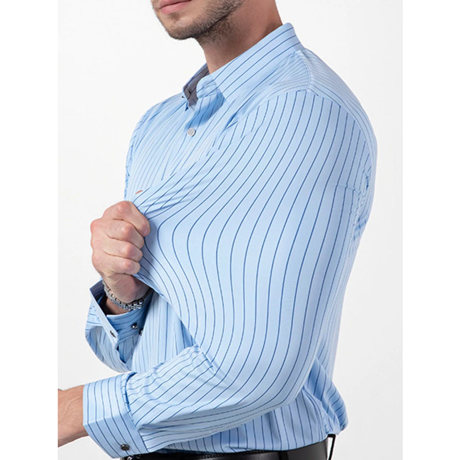 Men’s Full Size Slim Fit Striped Long Sleeve Dress Shirt Plus Apparel and Accessories