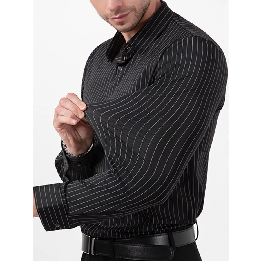 Men’s Full Size Slim Fit Striped Long Sleeve Dress Shirt Plus Black / XS Apparel and Accessories