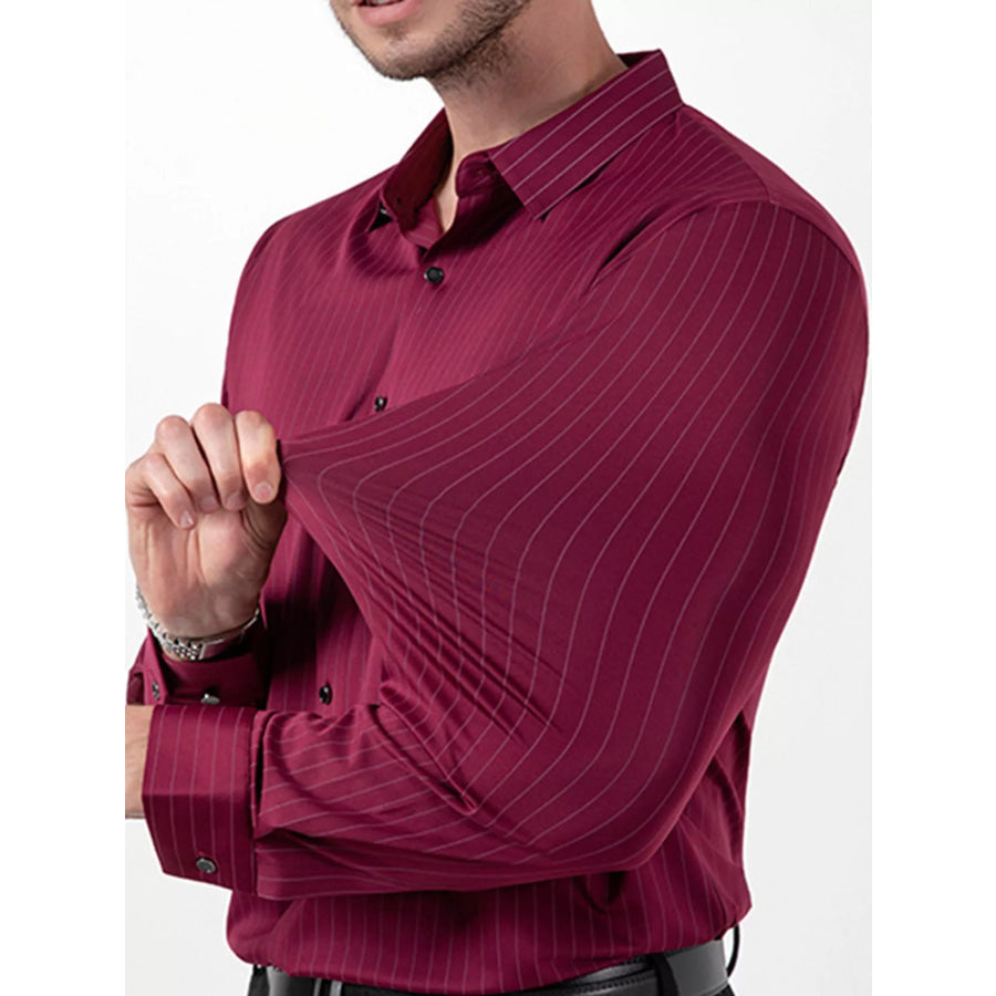 Men’s Full Size Slim Fit Striped Long Sleeve Dress Shirt Plus Burgundy / XS Apparel and Accessories