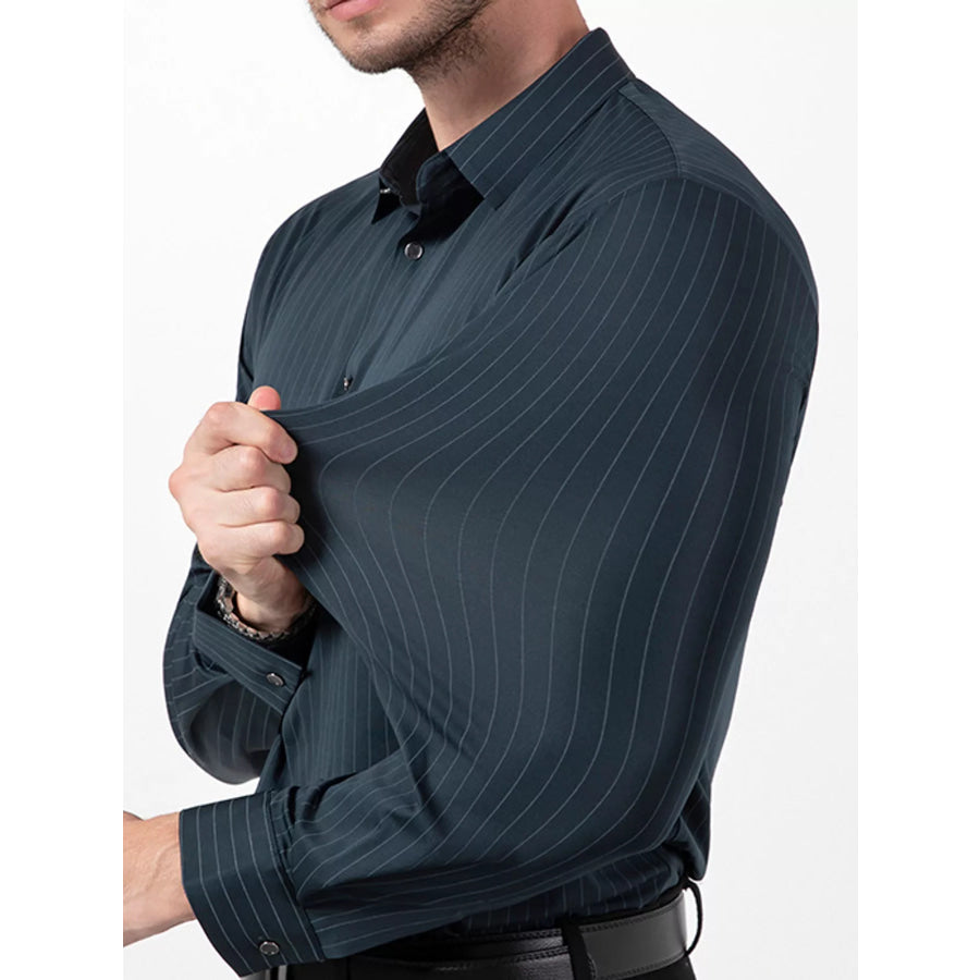 Men’s Full Size Slim Fit Striped Long Sleeve Dress Shirt Plus Dark Green / XS Apparel and Accessories
