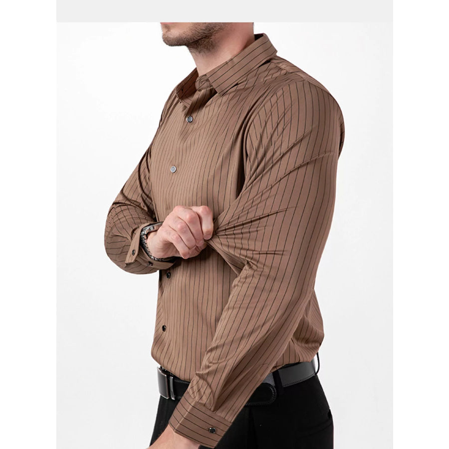 Men’s Full Size Slim Fit Striped Long Sleeve Dress Shirt Plus Khaki / XS Apparel and Accessories