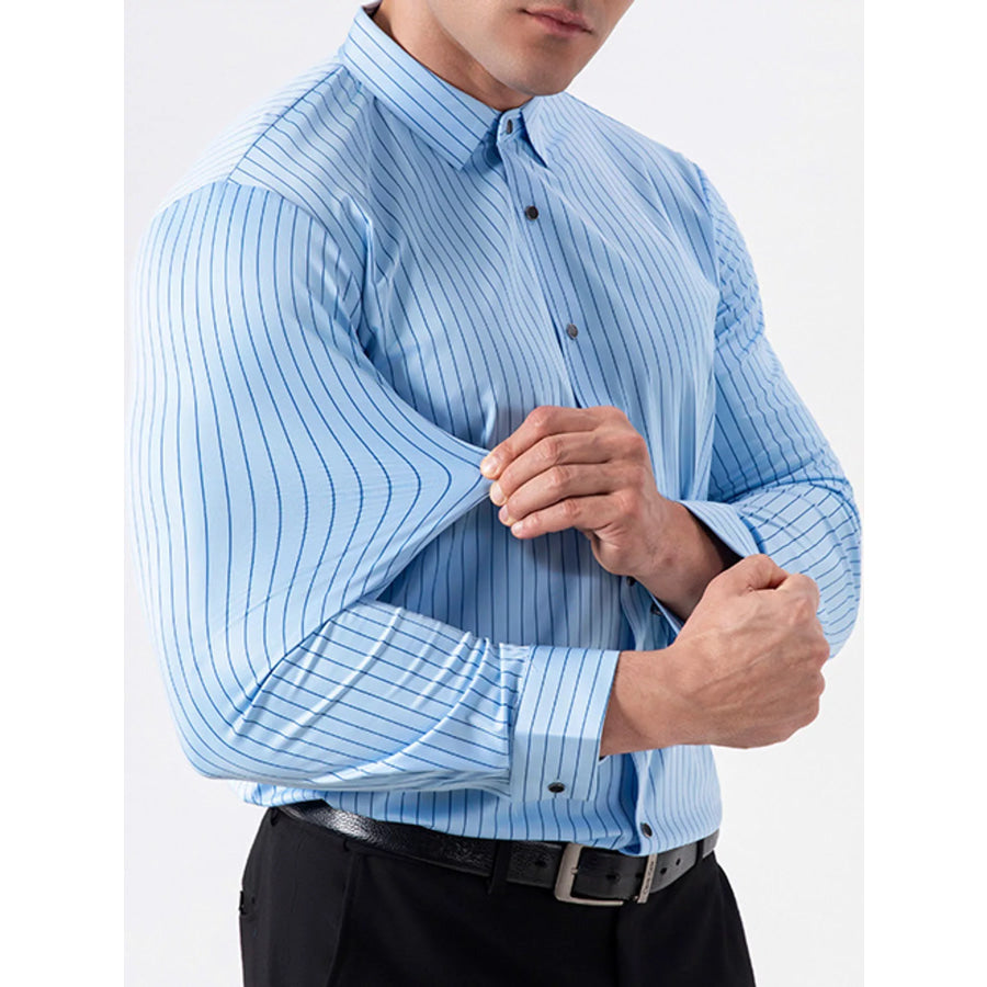 Men’s Full Size Slim Fit Striped Long Sleeve Dress Shirt Plus Light Blue / XS Apparel and Accessories