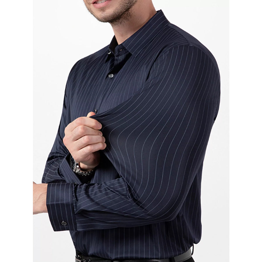 Men’s Full Size Slim Fit Striped Long Sleeve Dress Shirt Plus Navy / XS Apparel and Accessories