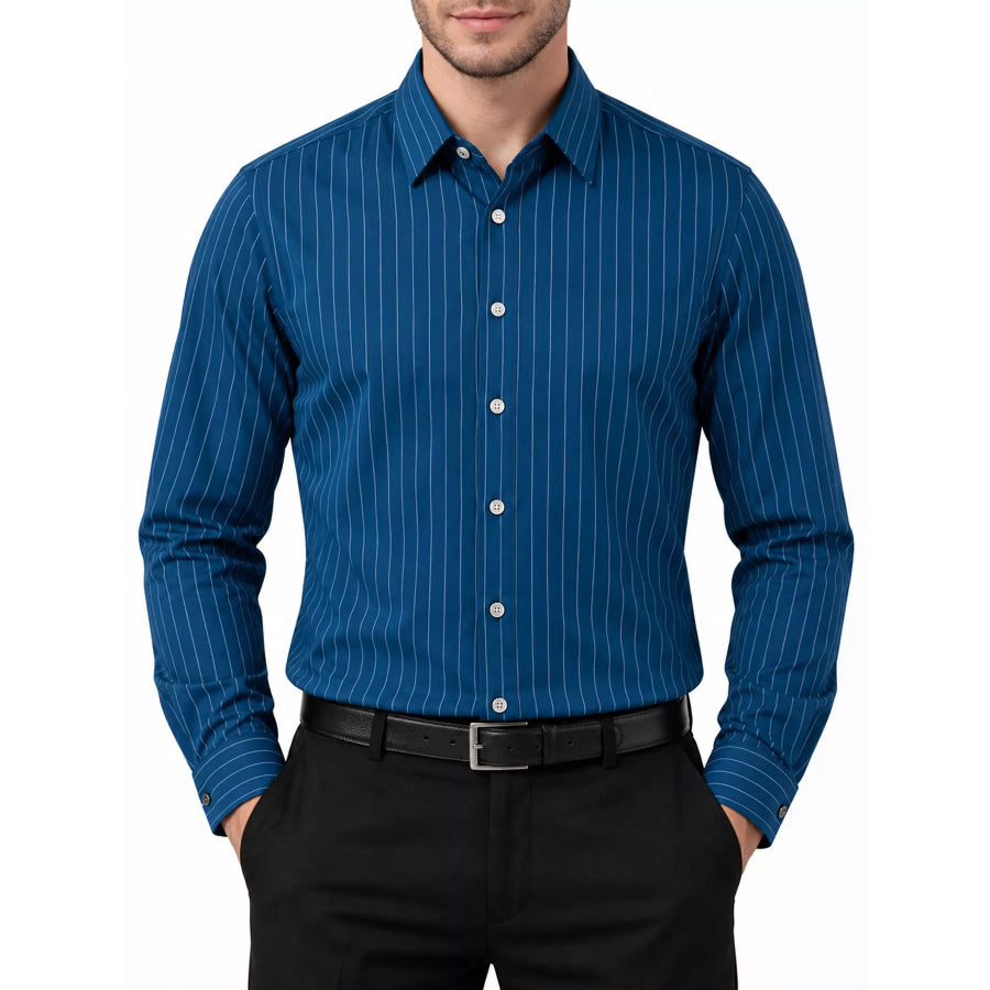 Men’s Full Size Slim Fit Striped Long Sleeve Dress Shirt Plus Peacock Blue / XS Apparel and Accessories