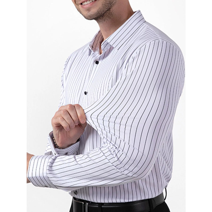 Men’s Full Size Slim Fit Striped Long Sleeve Dress Shirt Plus White / XS Apparel and Accessories
