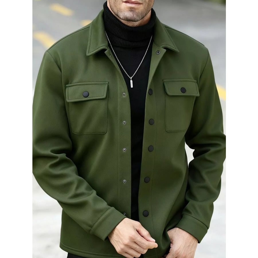 Men’s Full Size Snap Down Long Sleeve Jacket Plus Army Green / S Apparel and Accessories