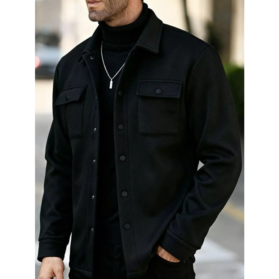 Men’s Full Size Snap Down Long Sleeve Jacket Plus Black / S Apparel and Accessories